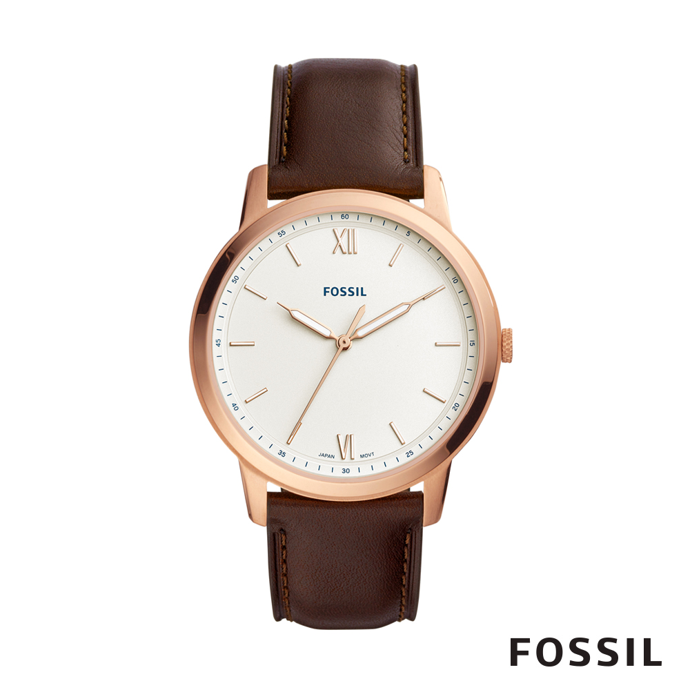 FOSSIL MINIMALIST 簡約設計中性錶-白底咖啡錶帶