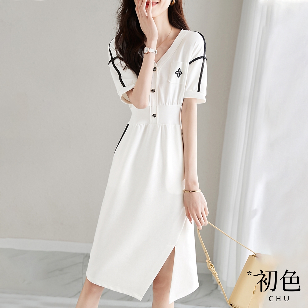 初色  V領撞色短袖連衣裙修身開衩連身洋裝長洋裝-白色-34646(M-2XL可選)