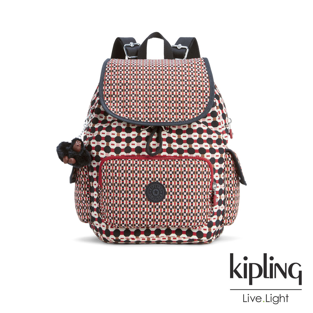 Kipling 紅褐火柴棒幾何圖騰拉鍊掀蓋後背包-CITY PACK S