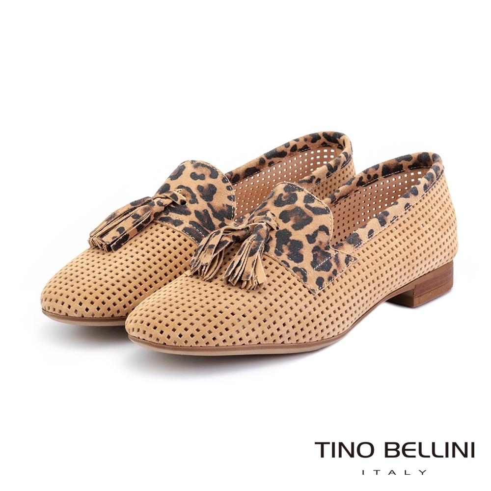 Tino Bellini動物紋拼接鏤空牛皮平底樂福鞋_豹紋+棕色