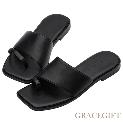 【Grace Gift】玄玄聯名-知性小姐不對稱套趾平底拖鞋 黑