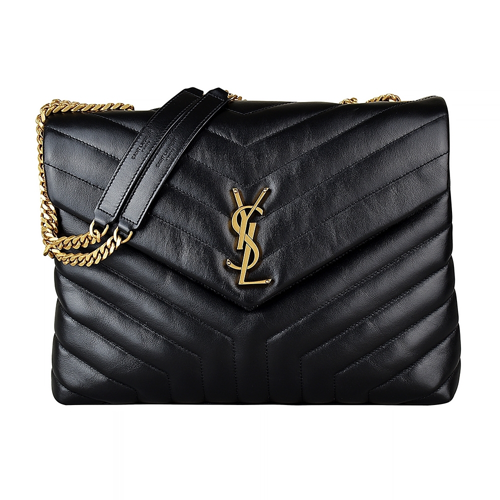 YSL SAINT LAURENT LOULOU金字LOGO Y字紋小牛皮扣式斜背包(黑