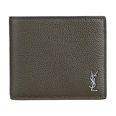 YSL Tiny Cassandre立體古銀LOGO荔枝紋小牛皮8卡對開短夾(深卡其綠)