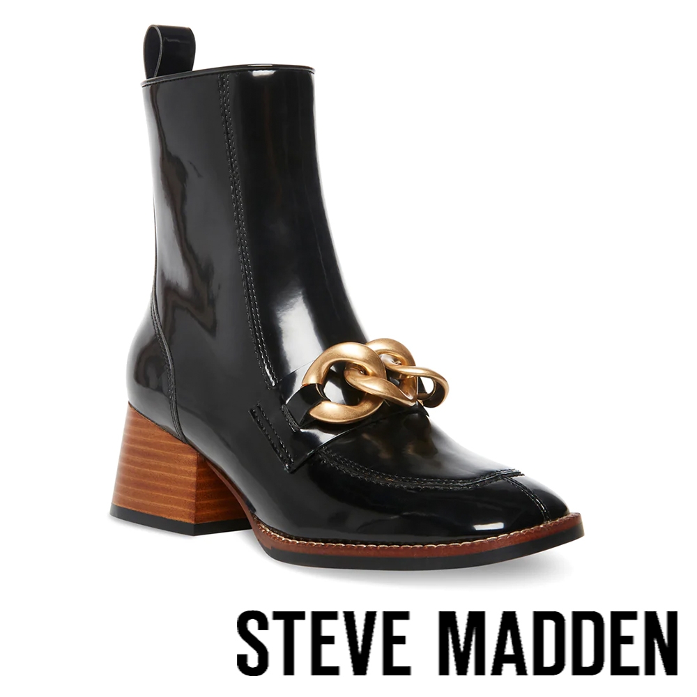 STEVE MADDEN-LOREEN 金飾中筒樂福跟靴-黑色
