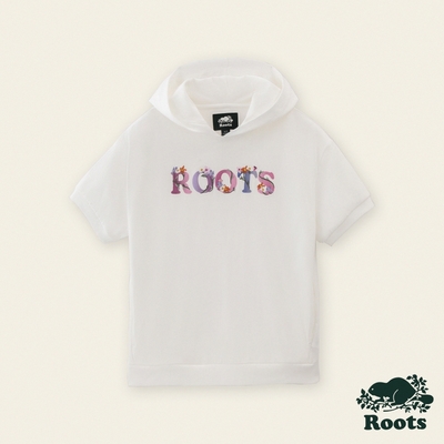 Roots女裝-繽紛花卉系列 刺繡花卉文字連帽上衣-白色