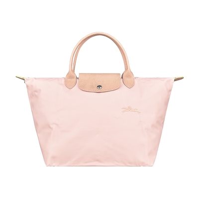 LONGCHAMP LE PLIAGE GREEN奔馬刺繡LOGO經典摺疊款再生尼龍拉鍊手提包(中/粉x粉)