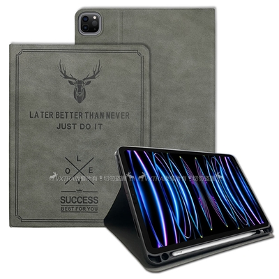 二代筆槽版 VXTRA 2022 iPad Pro 11吋 第4代 北歐鹿紋平板皮套 保護套(清水灰)