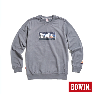 EDWIN 露營系列 富士山營地BOX LOGO厚長袖T恤-男-灰褐色