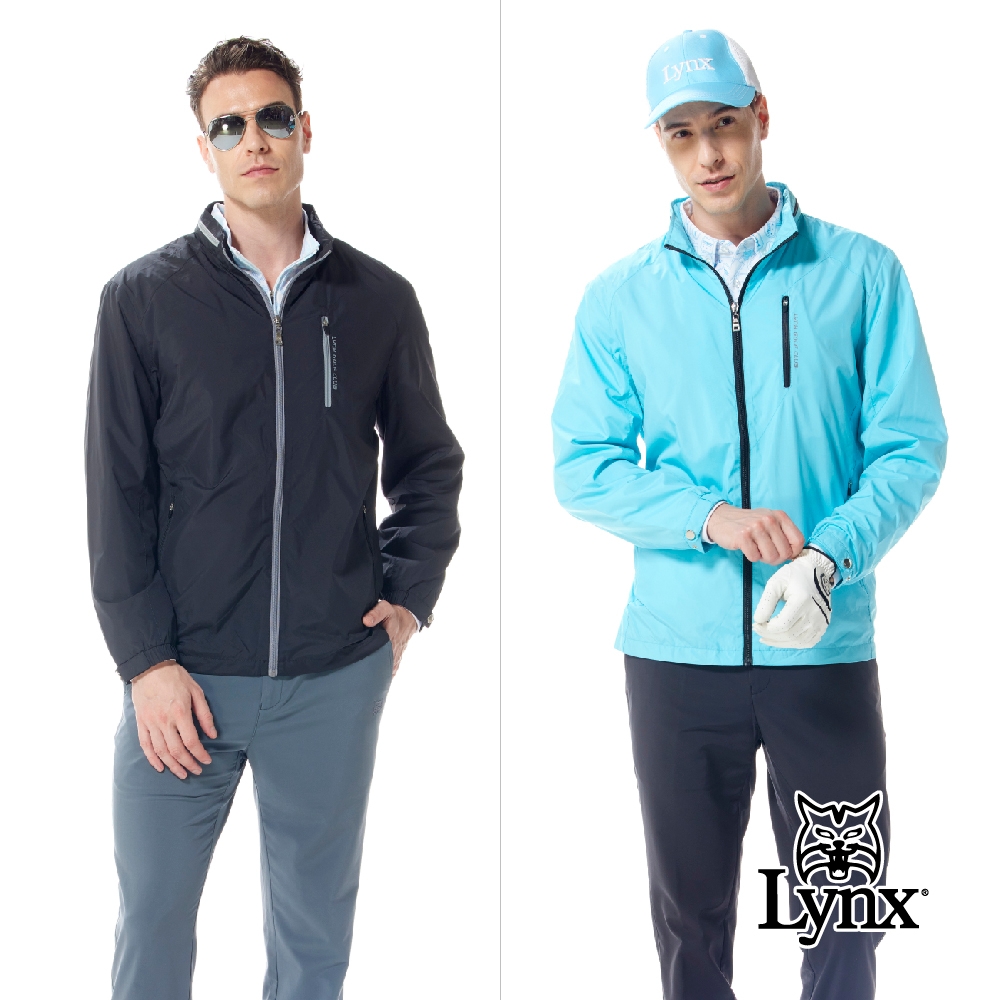 【Lynx Golf】男款防風內刷毛胸袋拉鍊連帽可收式設計配色拉鍊長袖外套(二色)