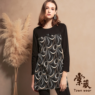 【TOWNWEAR棠葳】復古滿版印花拼接長版上衣(女上衣/女上著/鑽飾/長袖/雪紡)