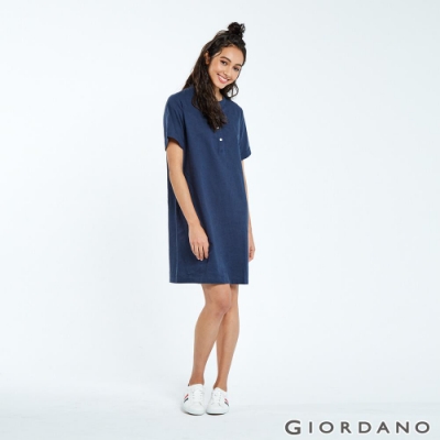 GIORDANO 女裝自然棉麻系列亨利領短袖連身裙-66 標誌海軍藍