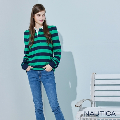 Nautica 女裝 經典撞色條紋長袖POLO衫-綠色