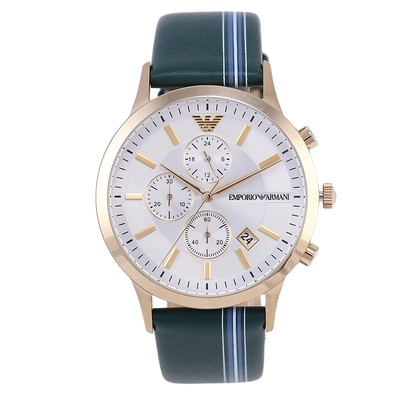 EMPORIO ARMANI 簡約線條綴飾皮革三眼計時男腕錶43mm(AR11233)