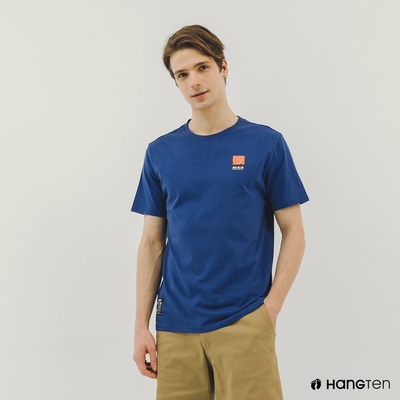Hang Ten-中性款-Big Blue有機棉前胸印花短袖T恤-藍