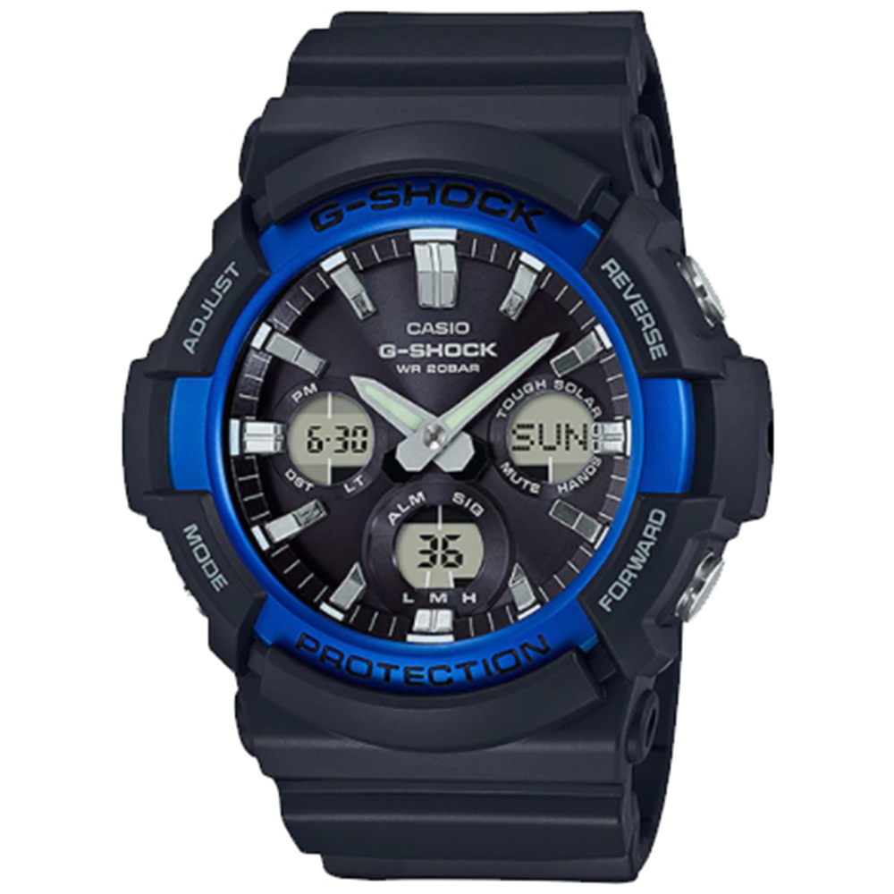 G-SHOCK強悍風範設計潮流時尚配備休閒錶(GAS-100B-1A2)-藍框52.5mm