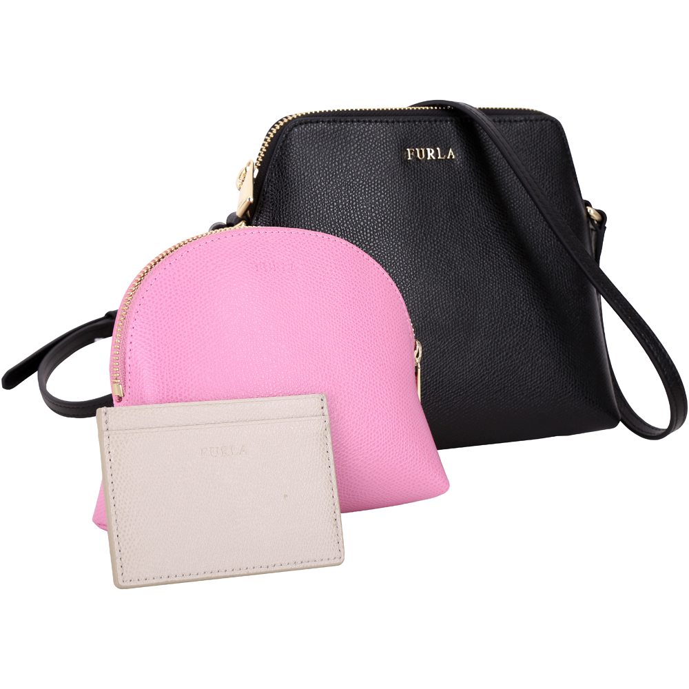 FURLA Boheme 附化妝包/卡片夾黑色牛皮斜背包