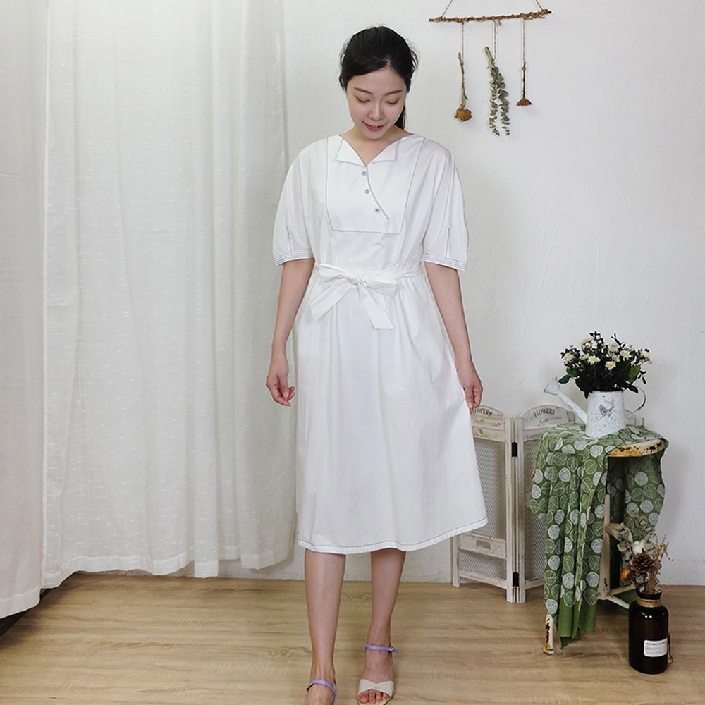 Hana-Mokuba花木馬日系女裝翻領設計別緻剪裁氣質綁帶洋裝_黑/米白