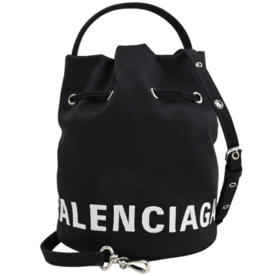 BALENCIAGA 經典電繡LOGO設計帆布迷你手提兩用水桶包(黑)