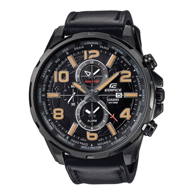 CASIO EDIFICE 環繞列國雙眼賽車錶-棕字黑x皮帶-EFR-302L-1AVUDF