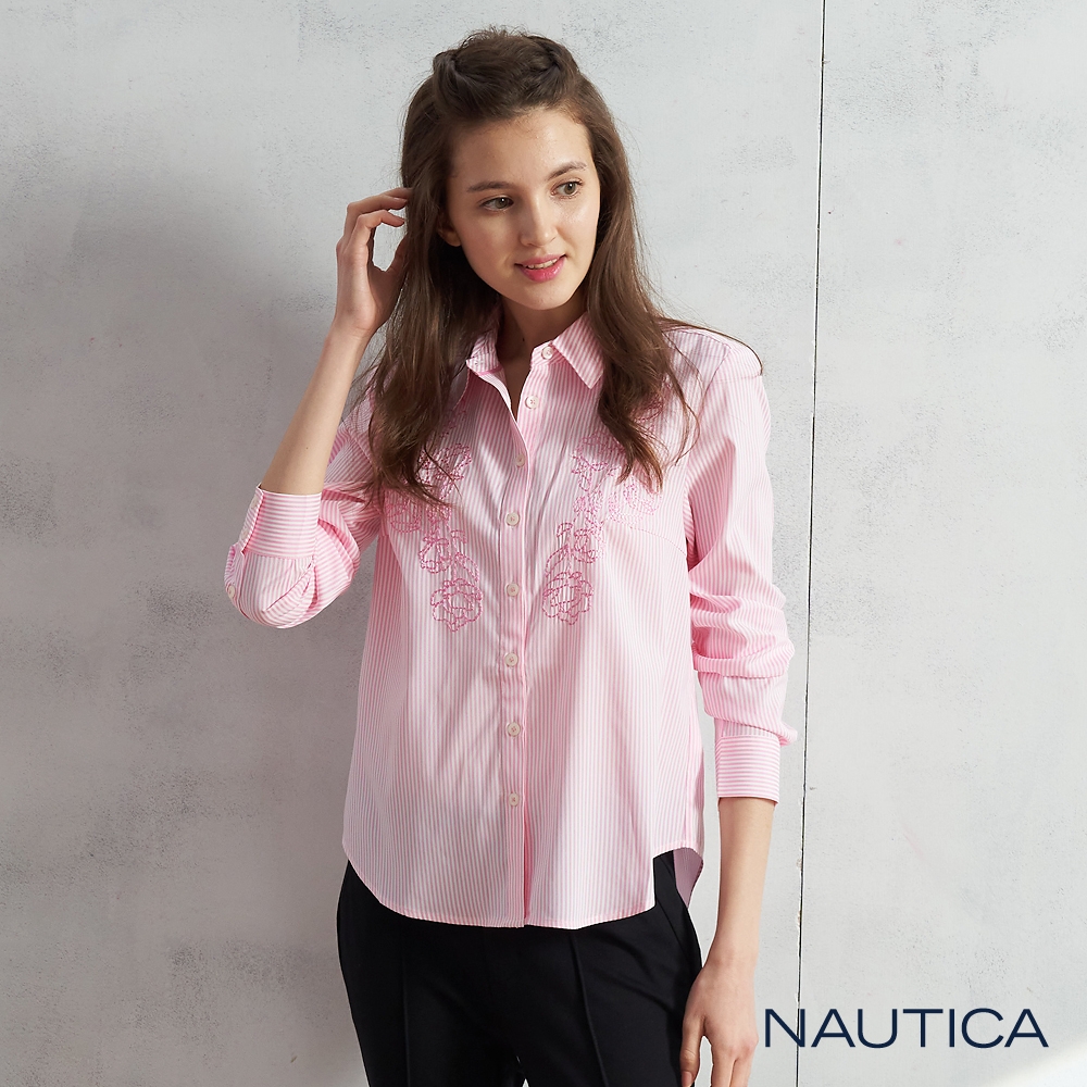 Nautica 女裝立體刺繡長袖襯衫-粉色