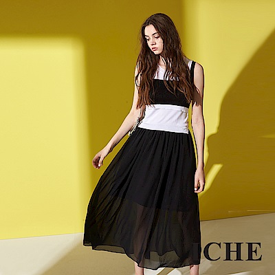 ICHE 衣哲 簡約時尚黑白拼接撞色造型針織無袖洋裝-黑