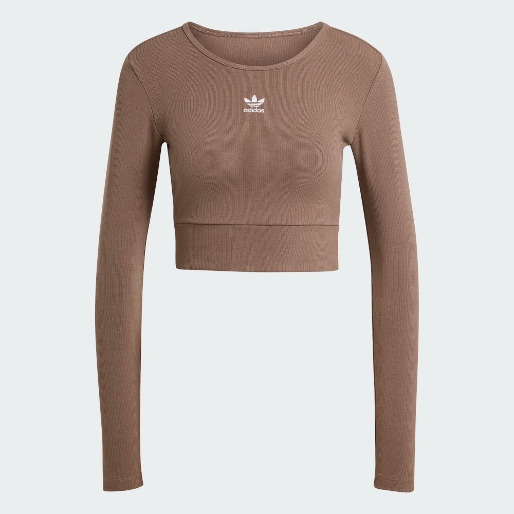 adidas 上衣 女款 長袖上衣 運動 短版 亞規 RIB LS TEE 咖啡 IR5942