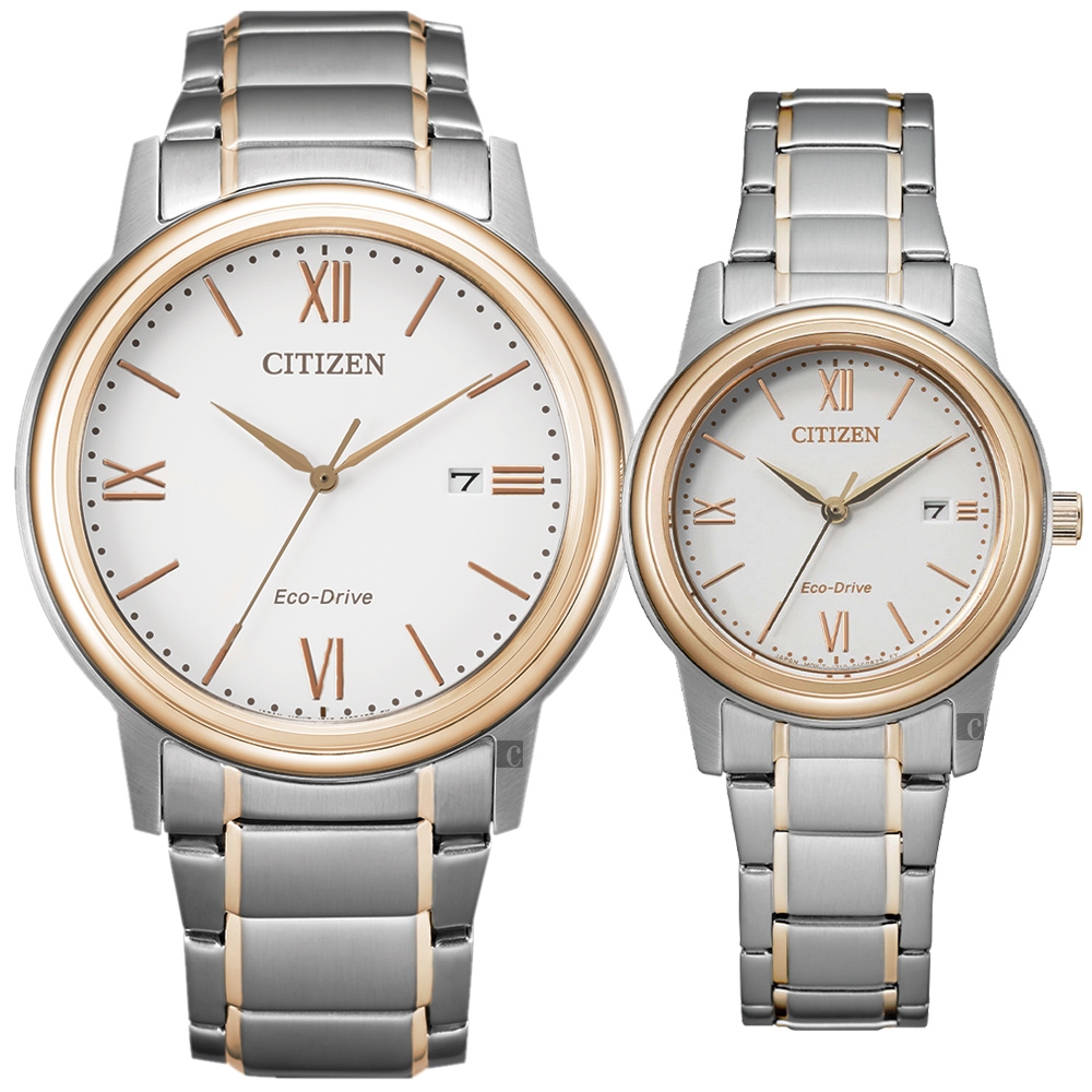 CITIZEN 星辰 光動能城市手錶 對錶-銀x玫瑰金 AW1676-86A+FE1226-82A