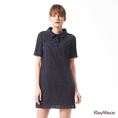 KeyWear奇威名品     100%純棉鏤空網格五分袖洋裝-藍色
