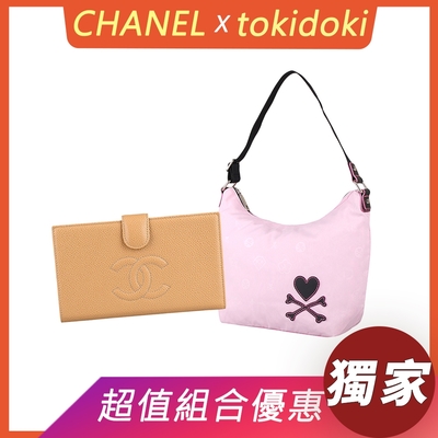 展示品CHANEL 經典雙C縫線LOGO魚子醬牛皮6卡釦式長夾(米)+tokidoki