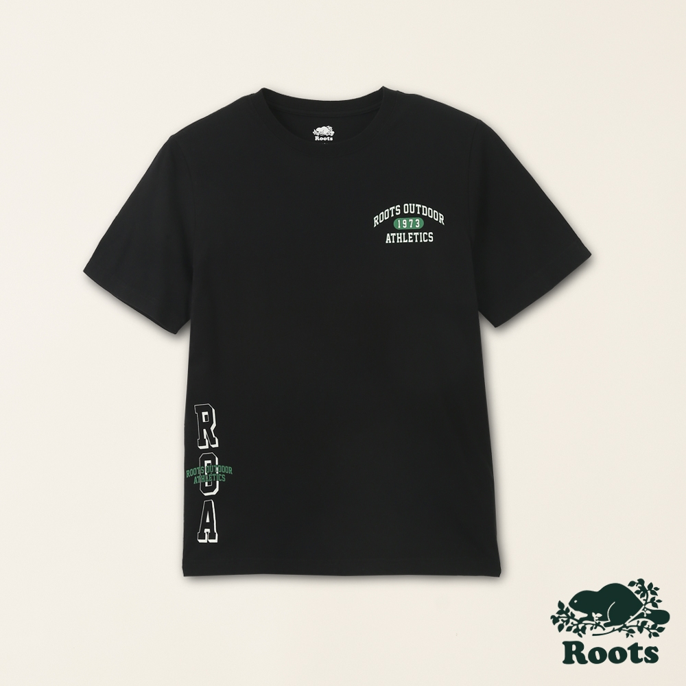 Roots男裝-戶外玩家系列 LOGO設計有機棉短袖T恤-黑色
