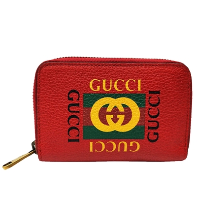 【GUCCI 古馳】496319 經典Gucci Print復古牛皮綠紅綠織帶拉鍊卡夾/零錢包(紅色)