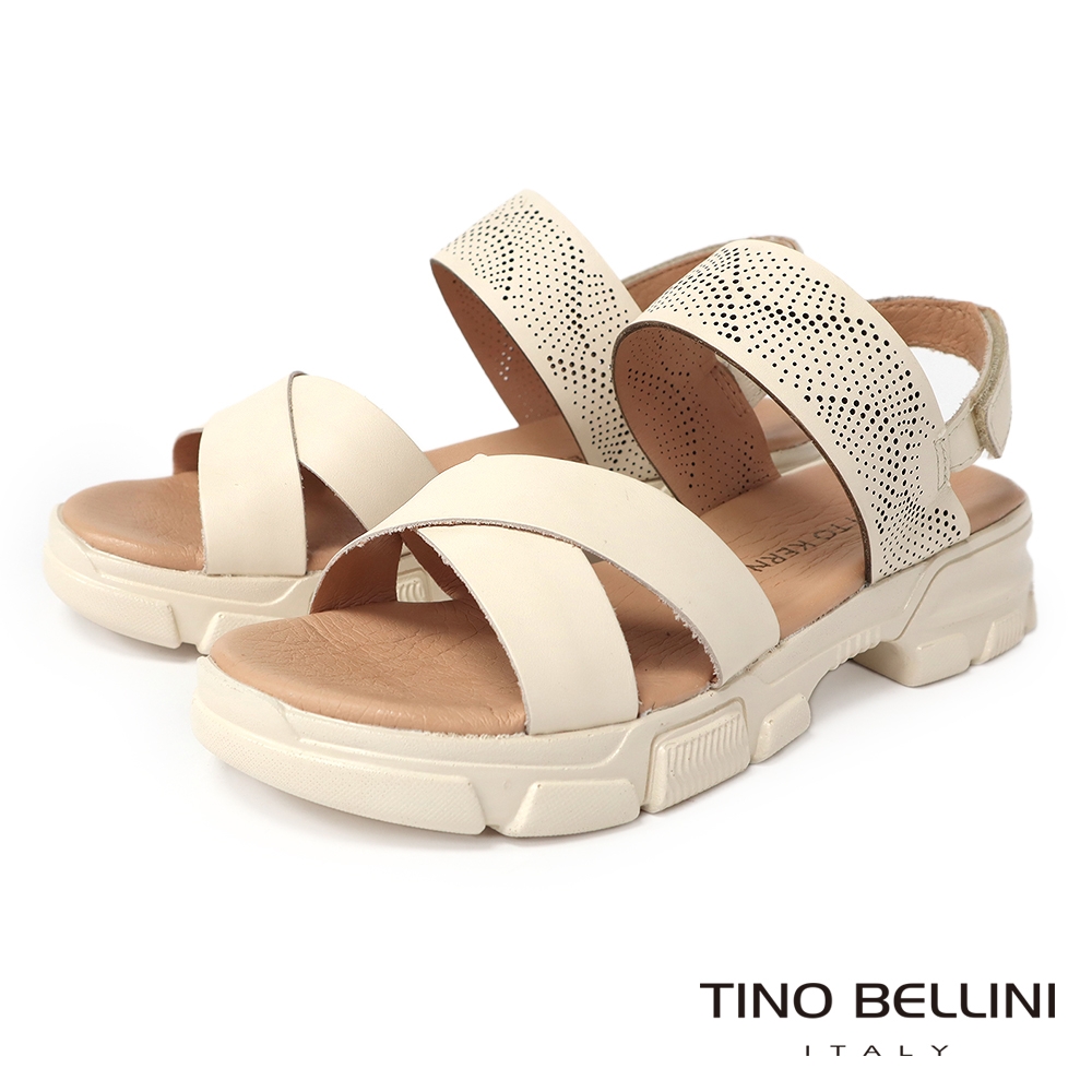 Tino Bellini 巴西進口牛皮沖孔造型魔鬼氈厚底休閒涼鞋-米