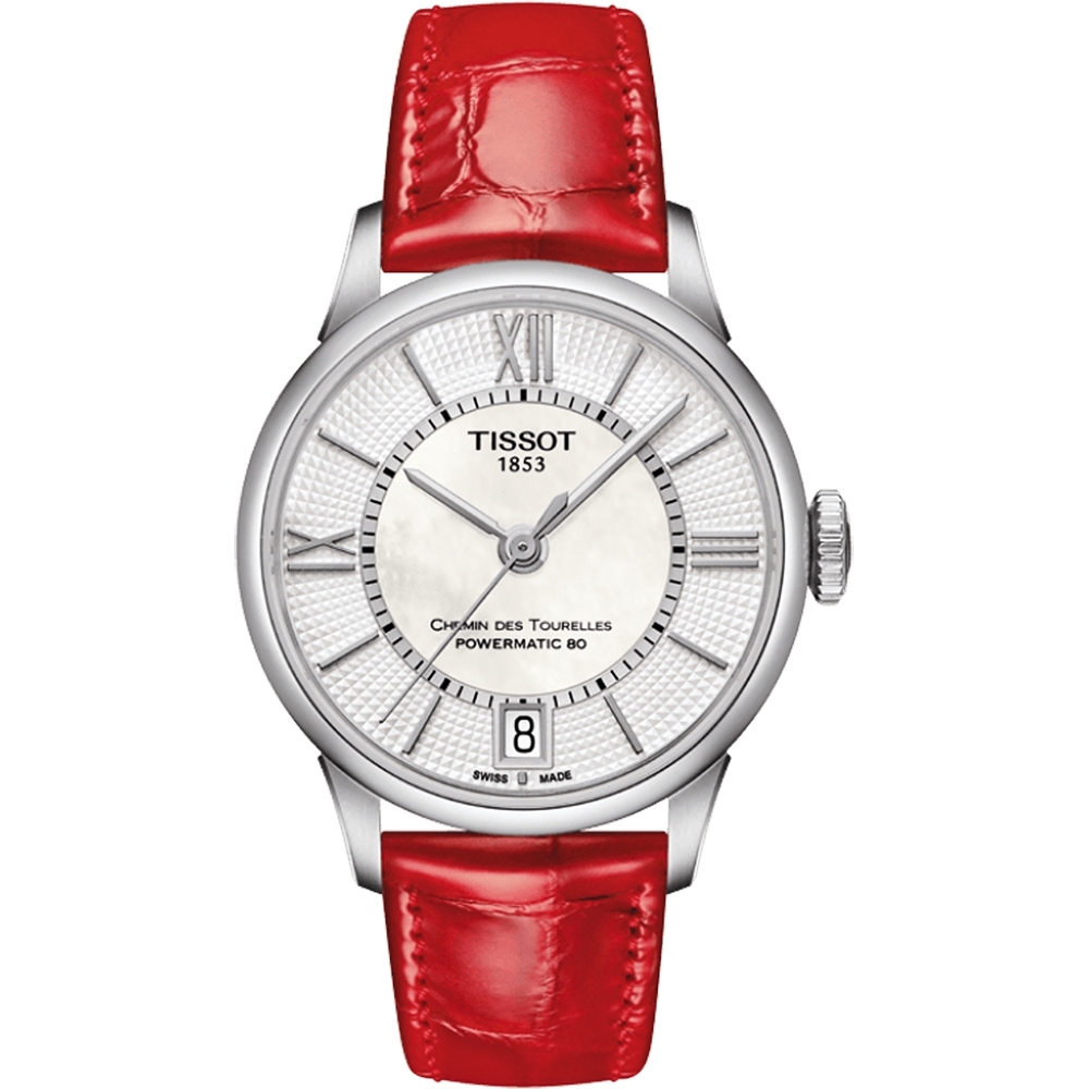 TISSOT 天梭 官方授權 杜魯爾系列機械動力80女錶-珍珠貝x紅/32mm T0992071611800