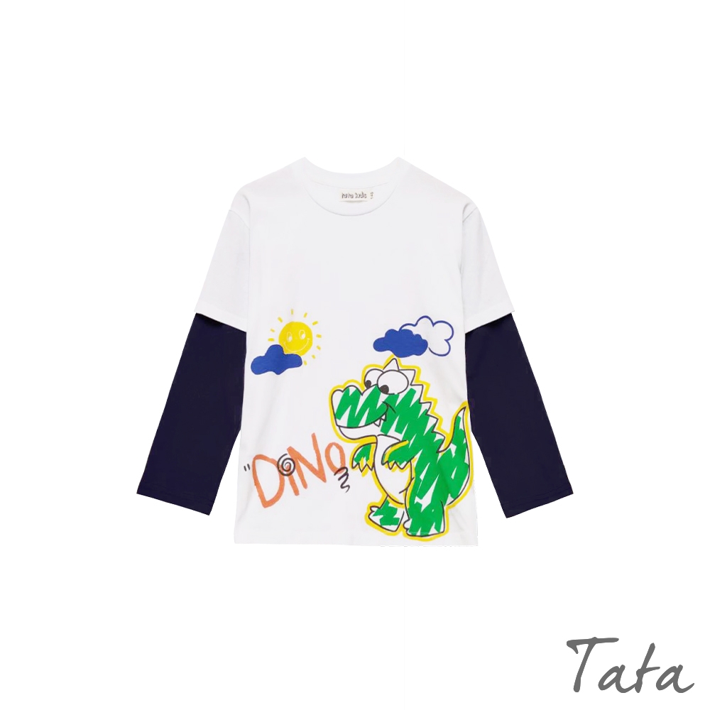 TATA KIDS 童裝 塗鴉風恐龍印花假兩件長袖T恤