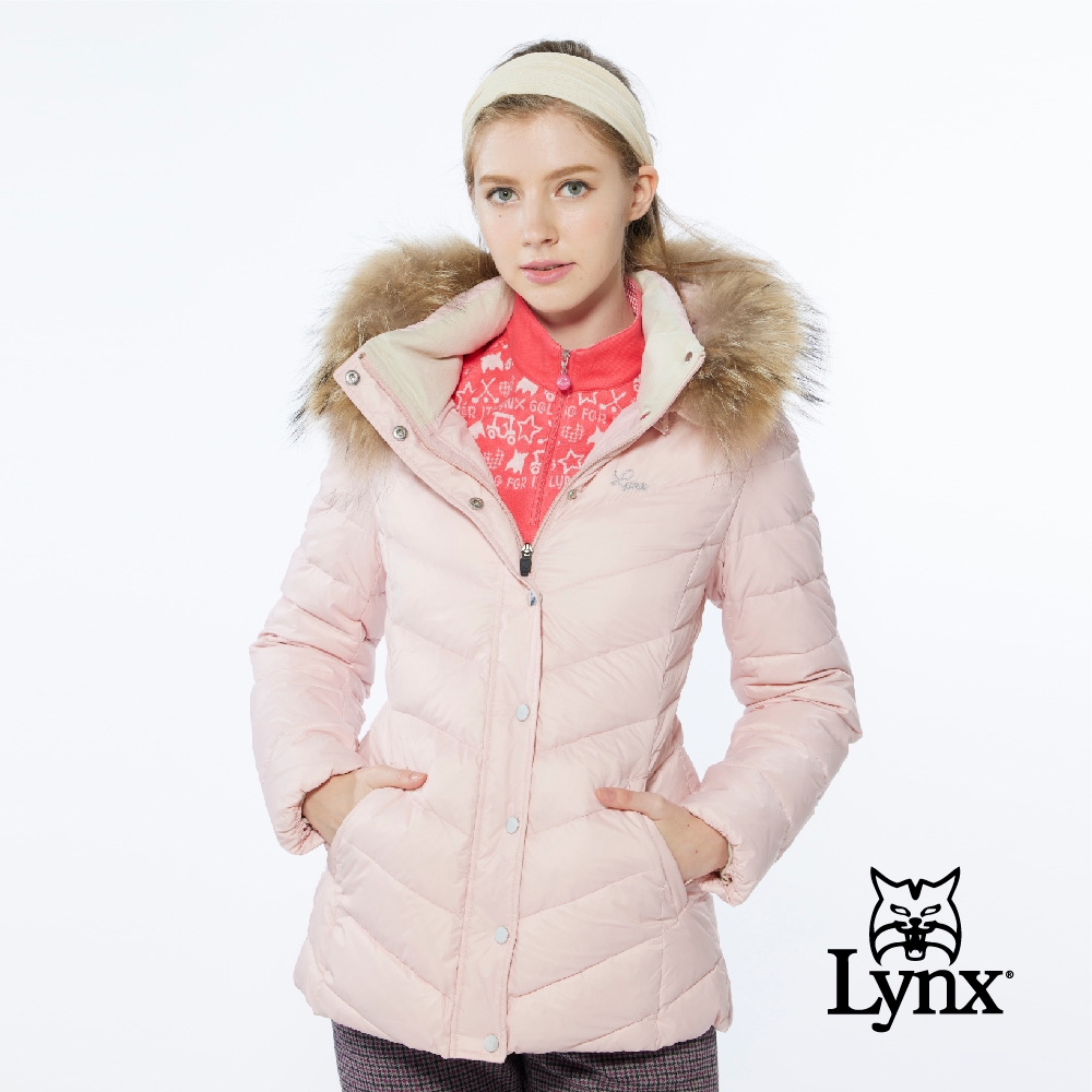 【Lynx Golf】女款防風保暖潑水羽絨晶亮斜紋拉鍊口袋長袖可拆式連帽外套-粉色