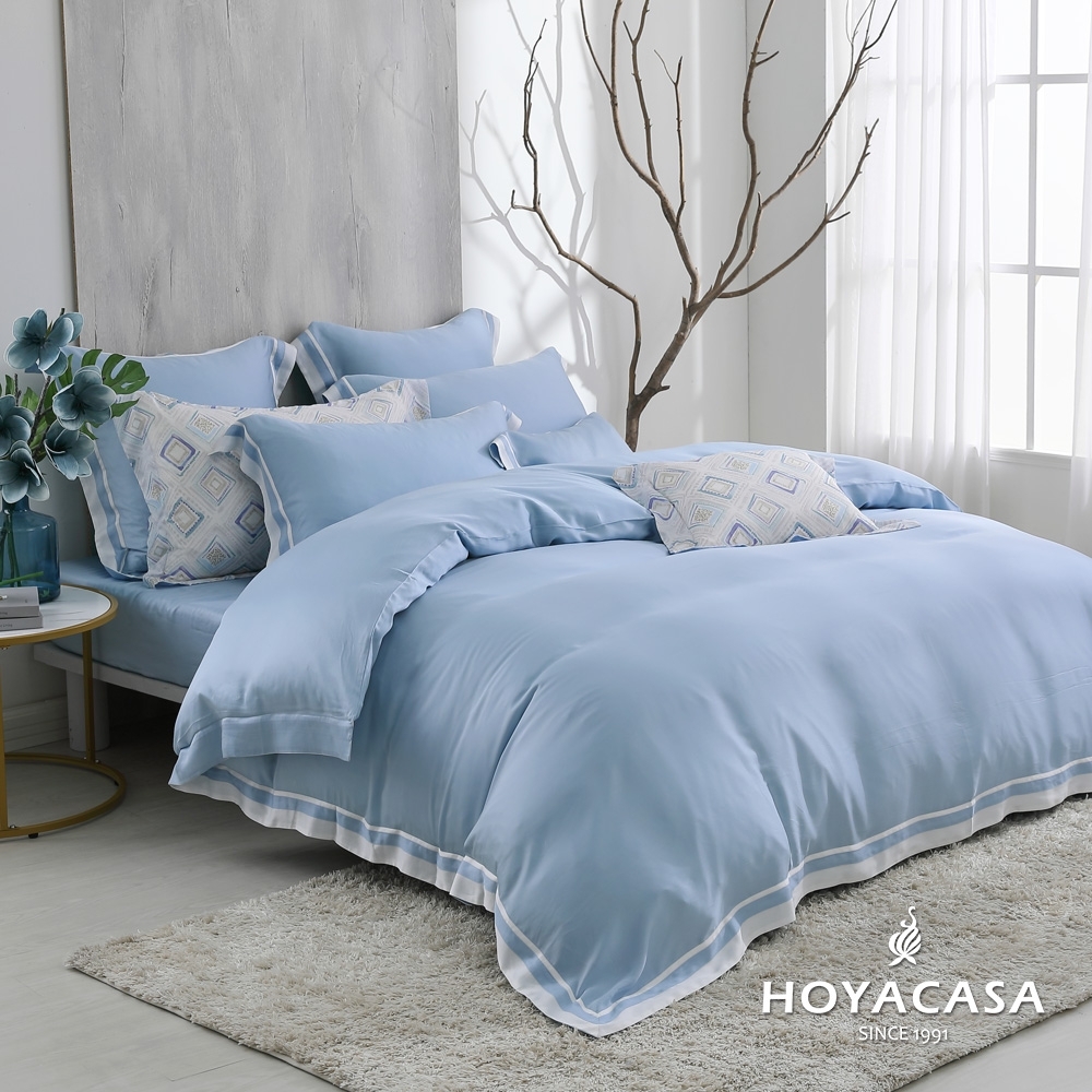 HOYACASA 清淺典雅 冰川藍 琉璃天絲雙人床包被套四件組