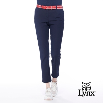 【Lynx Golf】korea女款隱形拉鍊口袋減頭剪接設計平口休閒九分褲-深藍色