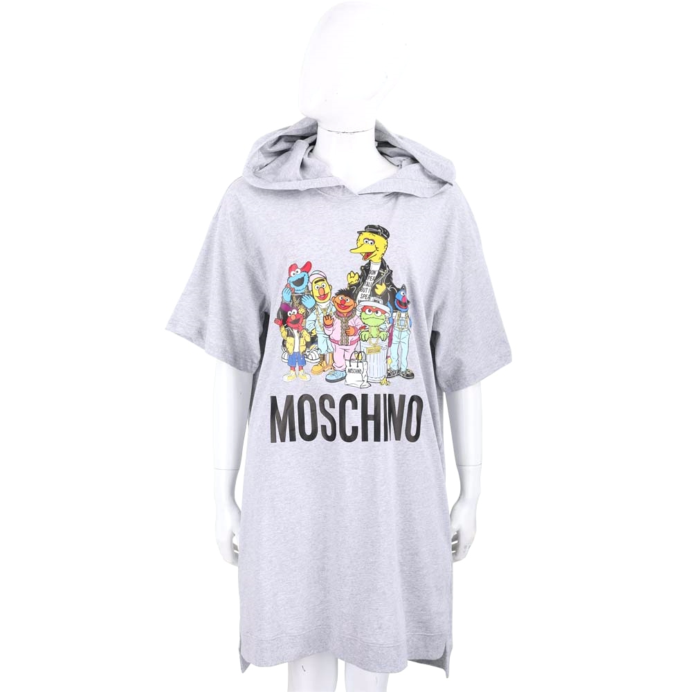 MOSCHINO SesameStreet 芝麻街聯名 寬鬆版人物印花連帽上衣 洋裝(灰色)