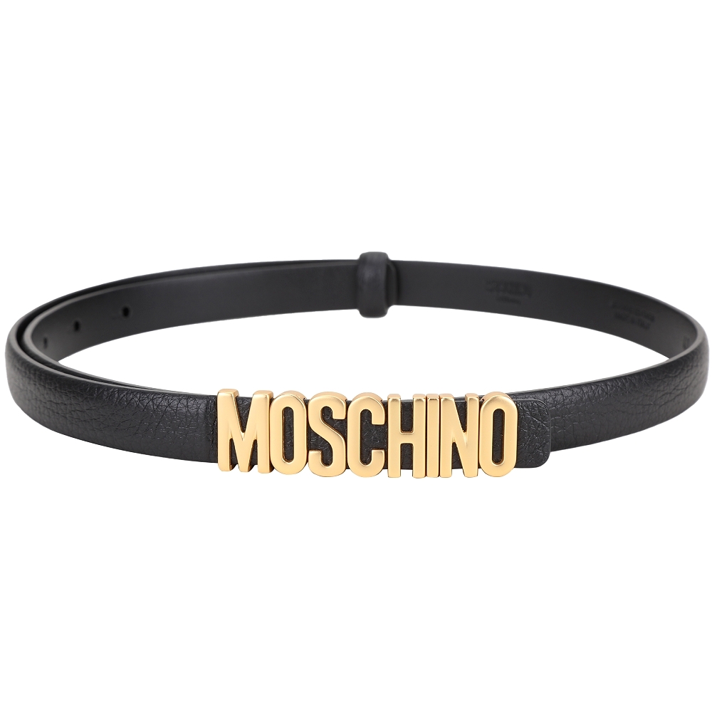 MOSCHINO 霧金字母壓紋小牛皮細版腰帶(黑色)