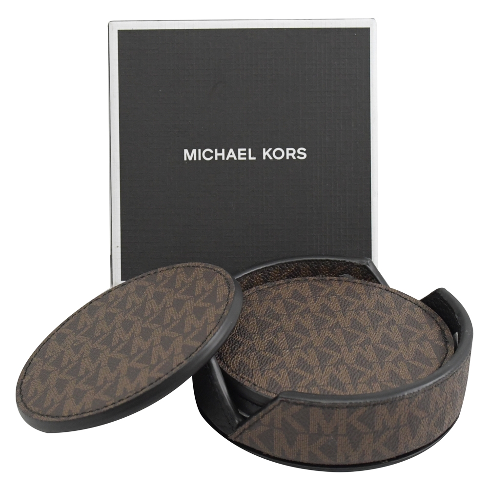 MICHAEL KORS 經典印花皮革杯墊4入套組(深咖)