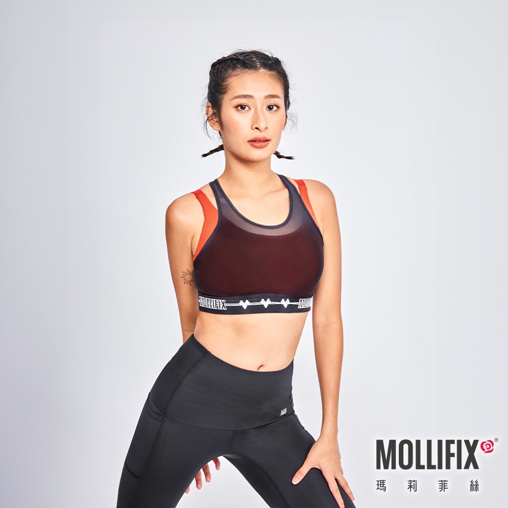 Mollifix 瑪莉菲絲 雙層透網包覆運動內衣 (黑+橘)、瑜珈服、無鋼圈、開運內衣