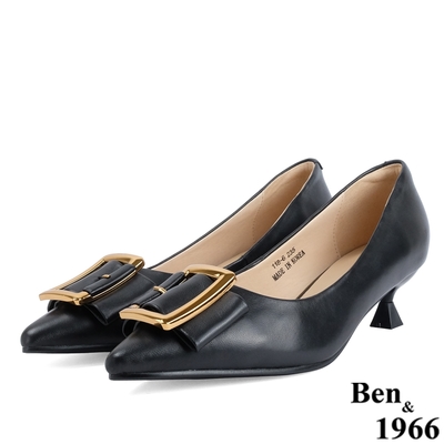 Ben&1966高級頭層羊皮流行釦飾跟鞋-黑(218331)