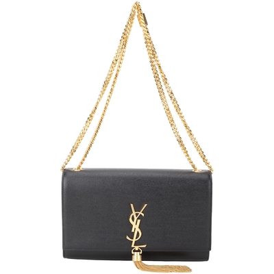 YSL Saint Laurent KATE 中型 金字流蘇鍊飾魚子醬牛皮翻蓋鍊帶包(黑色)