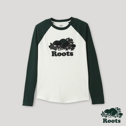 Roots 女裝- 格紋風潮系列 海狸LOGO棒球長袖T恤-深綠