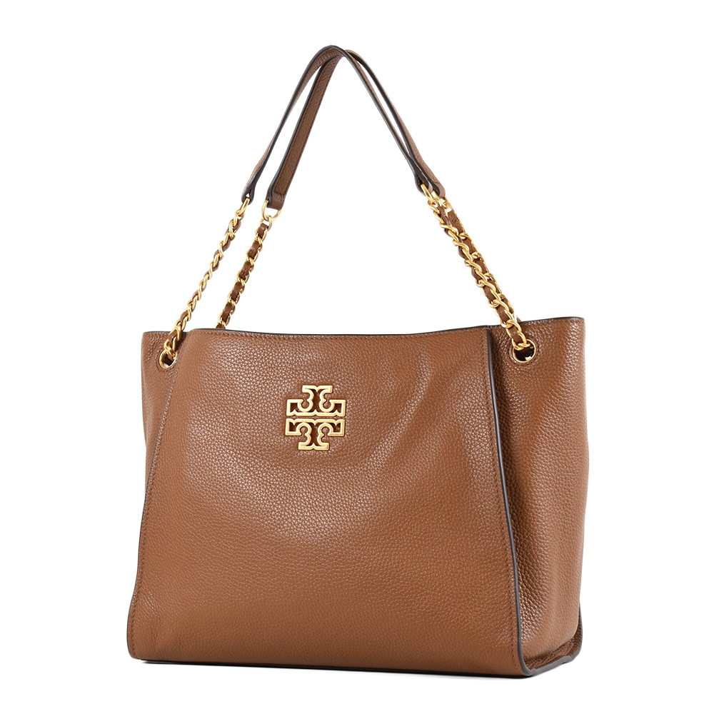 TORY BURCH BRITTEN 荔枝紋磁吸鍊帶肩背托特包-焦糖色/小