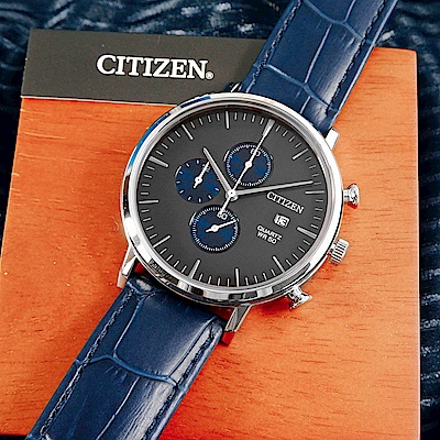 CITIZEN 三眼計時 礦石強化玻璃 日期視窗 日本機芯 真皮手錶-灰x藍/41mm