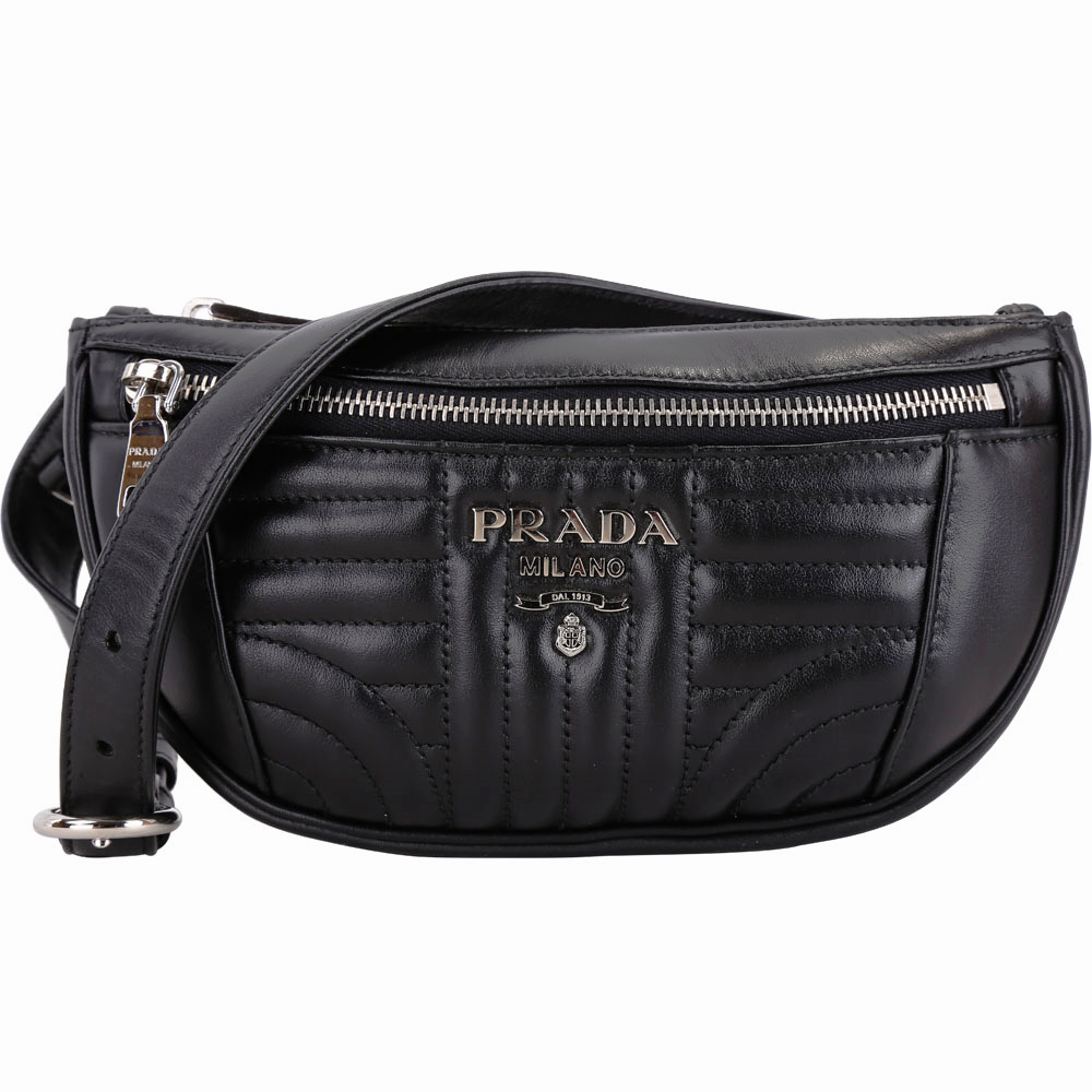 PRADA Diagramme 絎縫小牛皮胸肩/腰包(黑色)