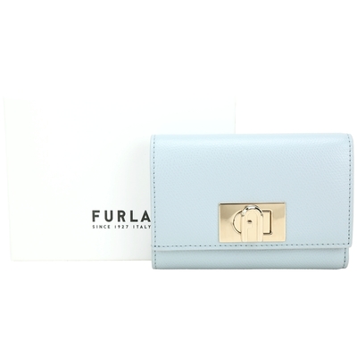 FURLA 1927 拱門旋釦防刮牛皮8卡三折中夾(水藍)