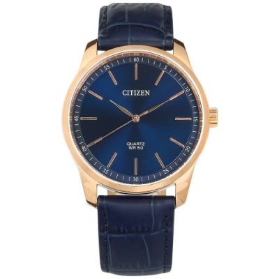 CITIZEN 簡約時尚 真皮壓紋手錶 (BH5003-00L)-藍x鍍玫瑰金/42mm