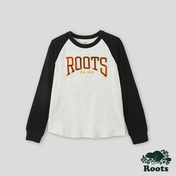 Roots大童-格紋風潮系列 格紋貼布長袖T恤-白麻灰